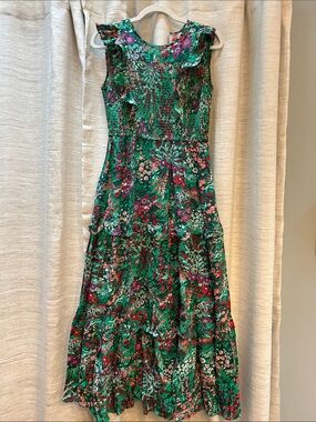 Banjanan Floral Green Sleeveless Ruffle Midi Dress